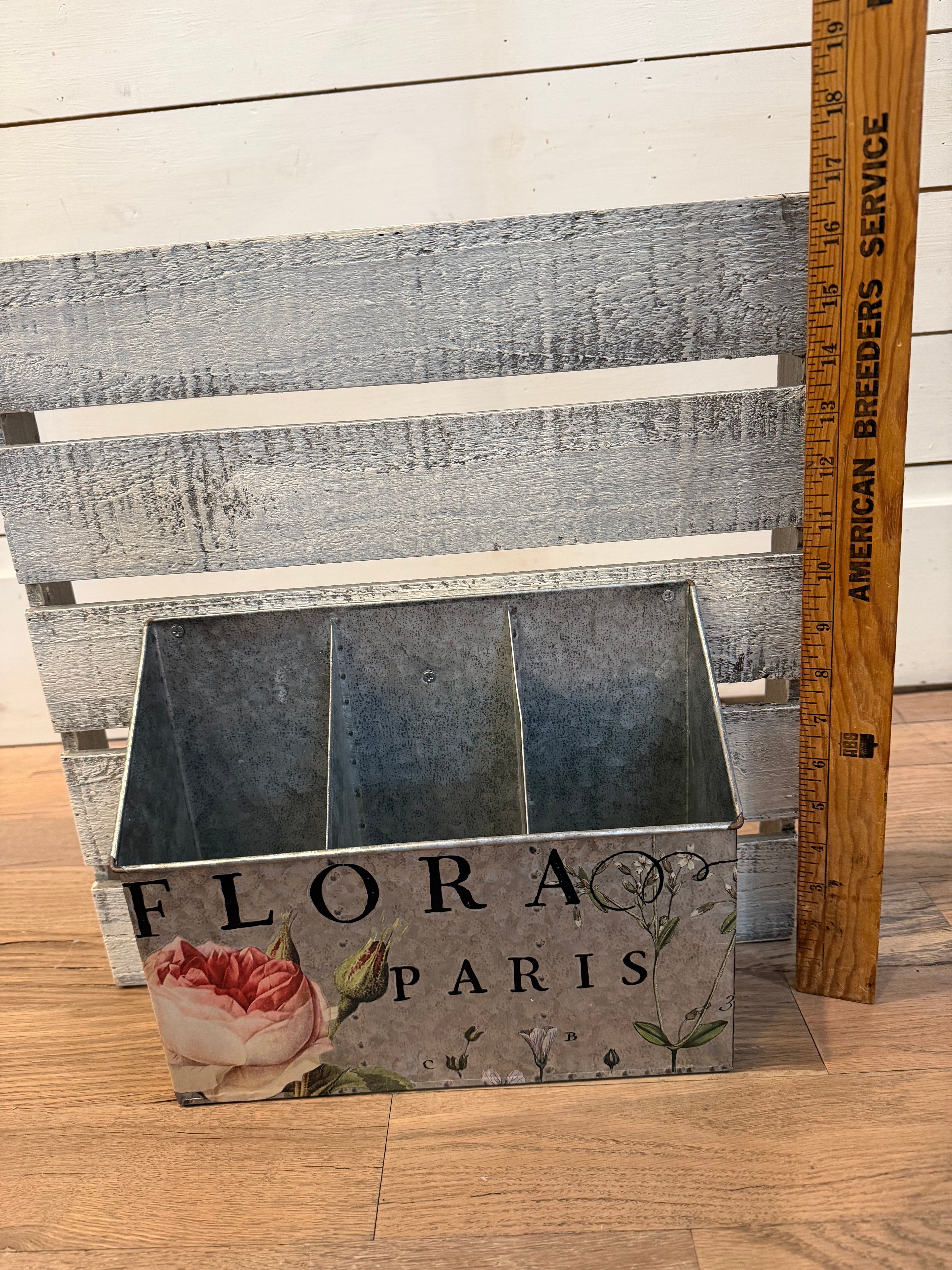 Galvanized Tin Organizer Wall Caddy with Barn wood Backer With IOD floral not included