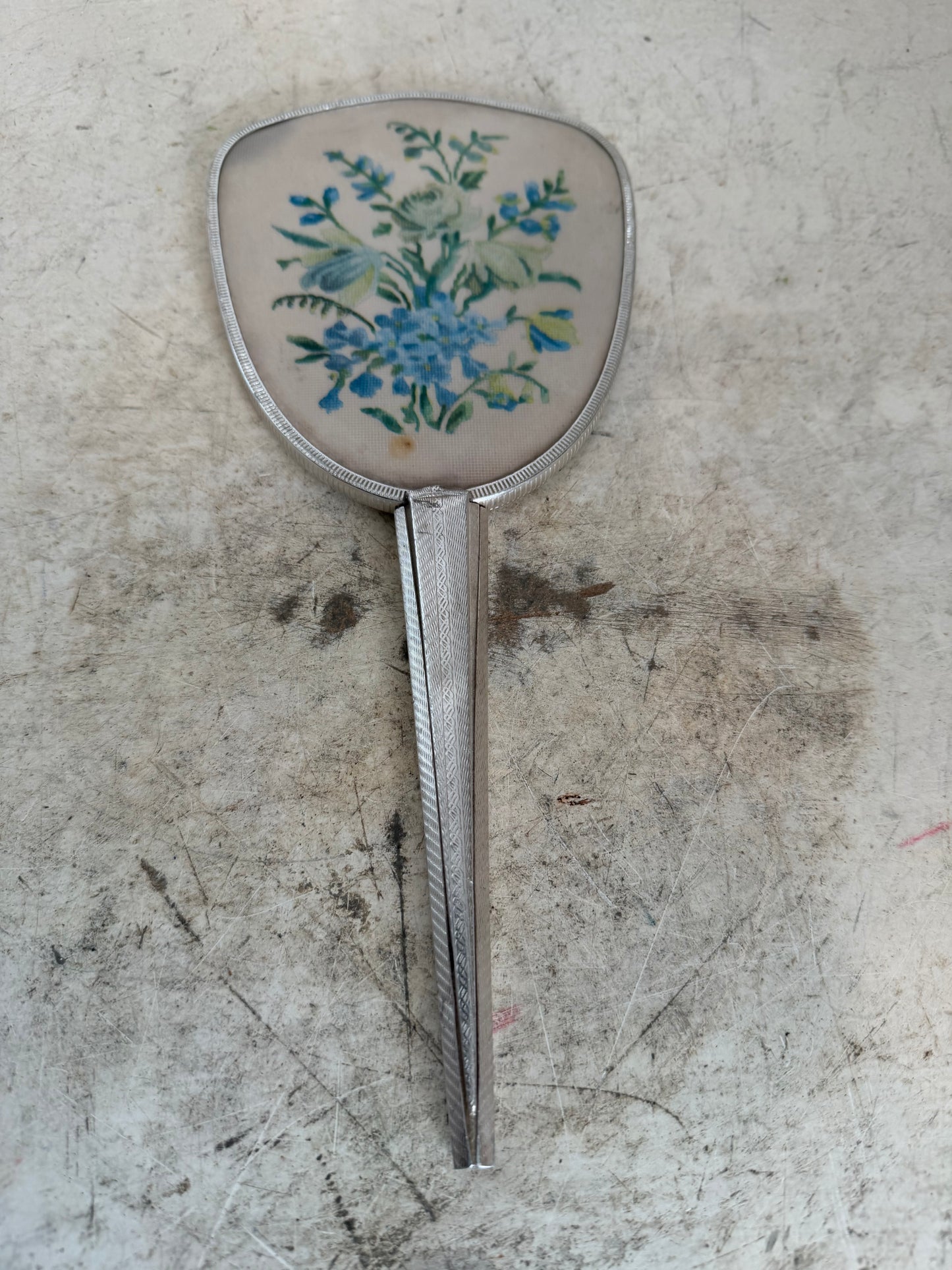 Vintage handheld vanity mirror, silver plated