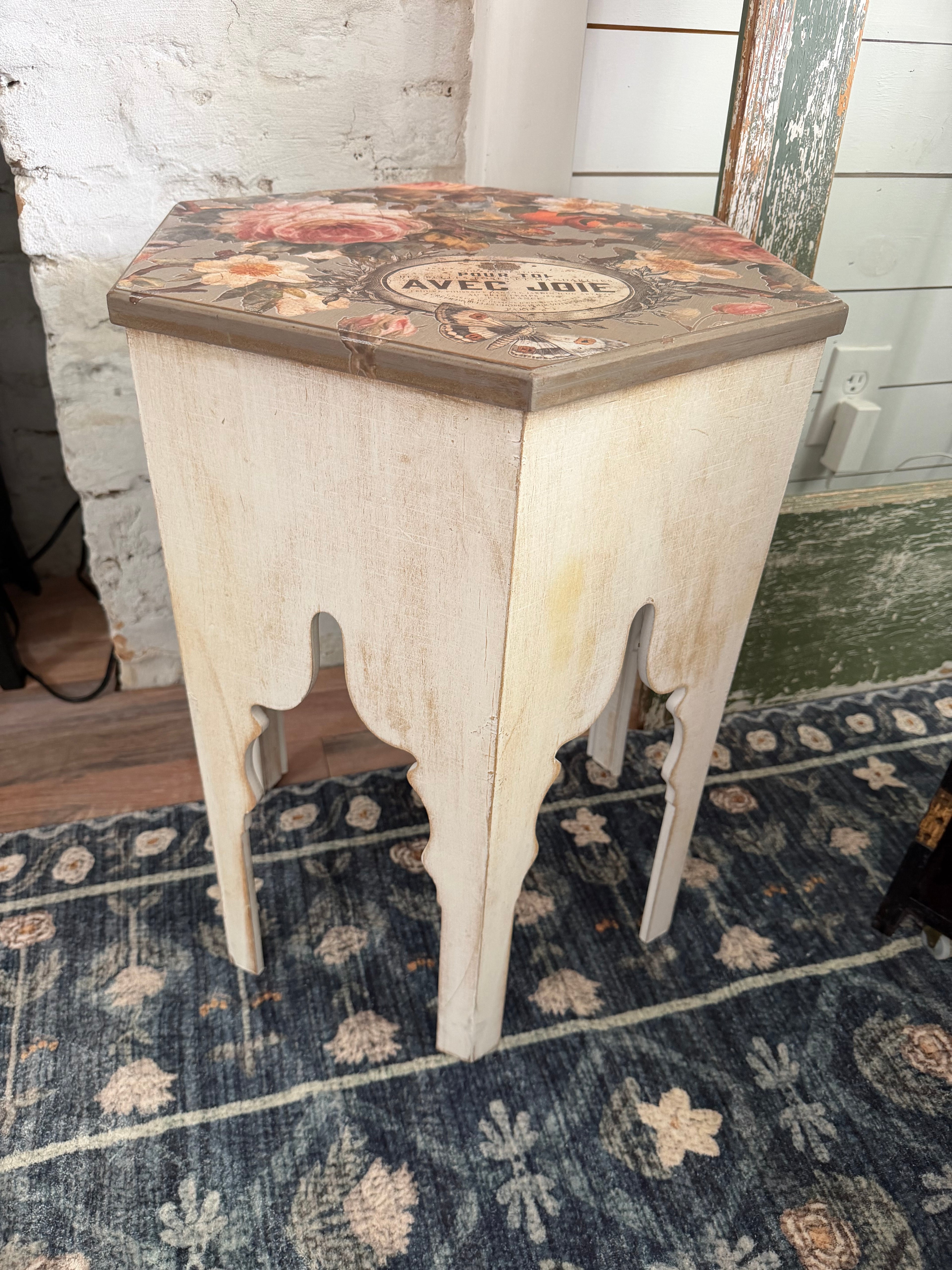 French Provincial Side Table hand painted with transfer 23” tall 18.5 wide