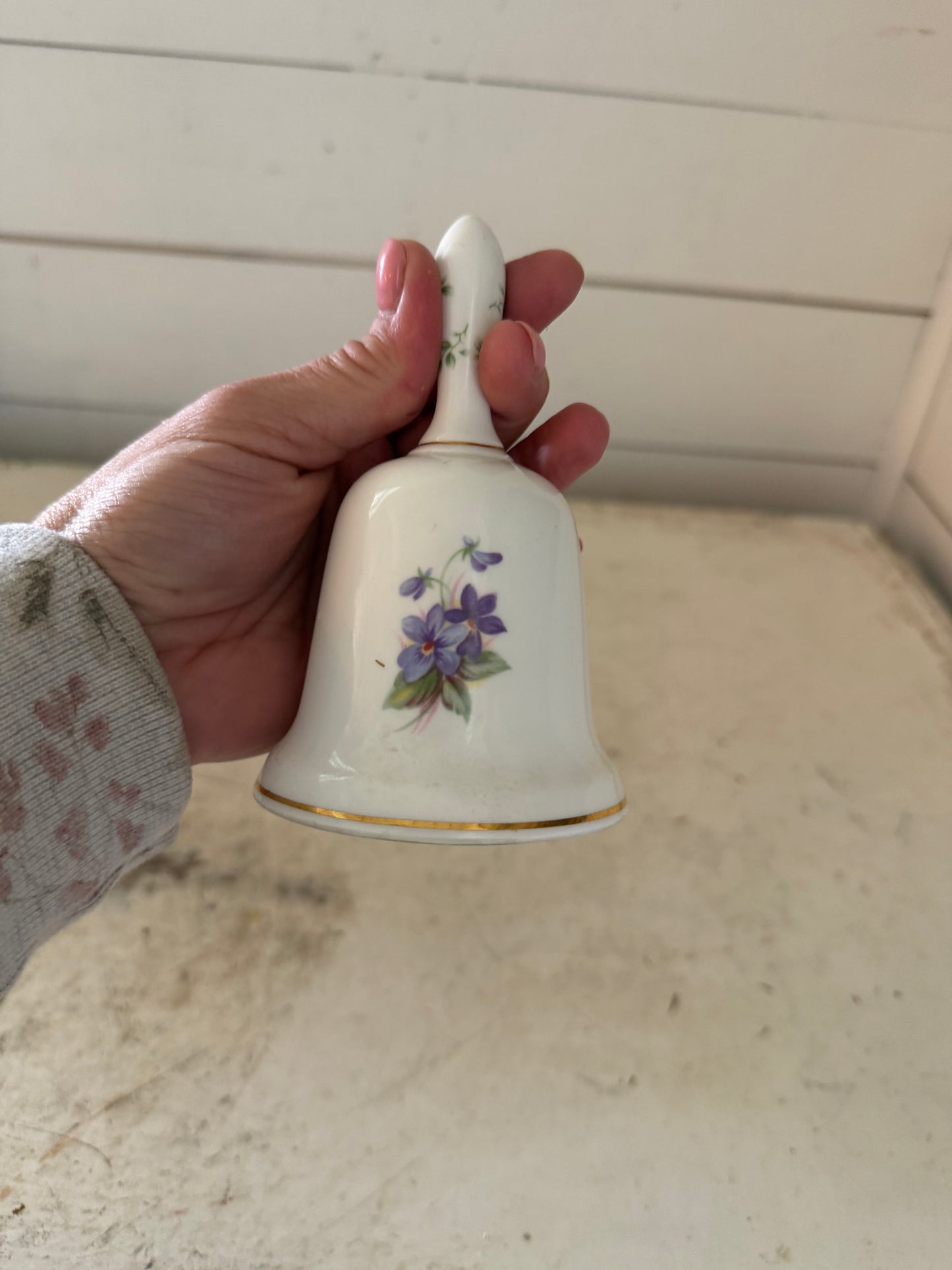 Vintage porcelain bell April Birth month Purple Wildflowers
