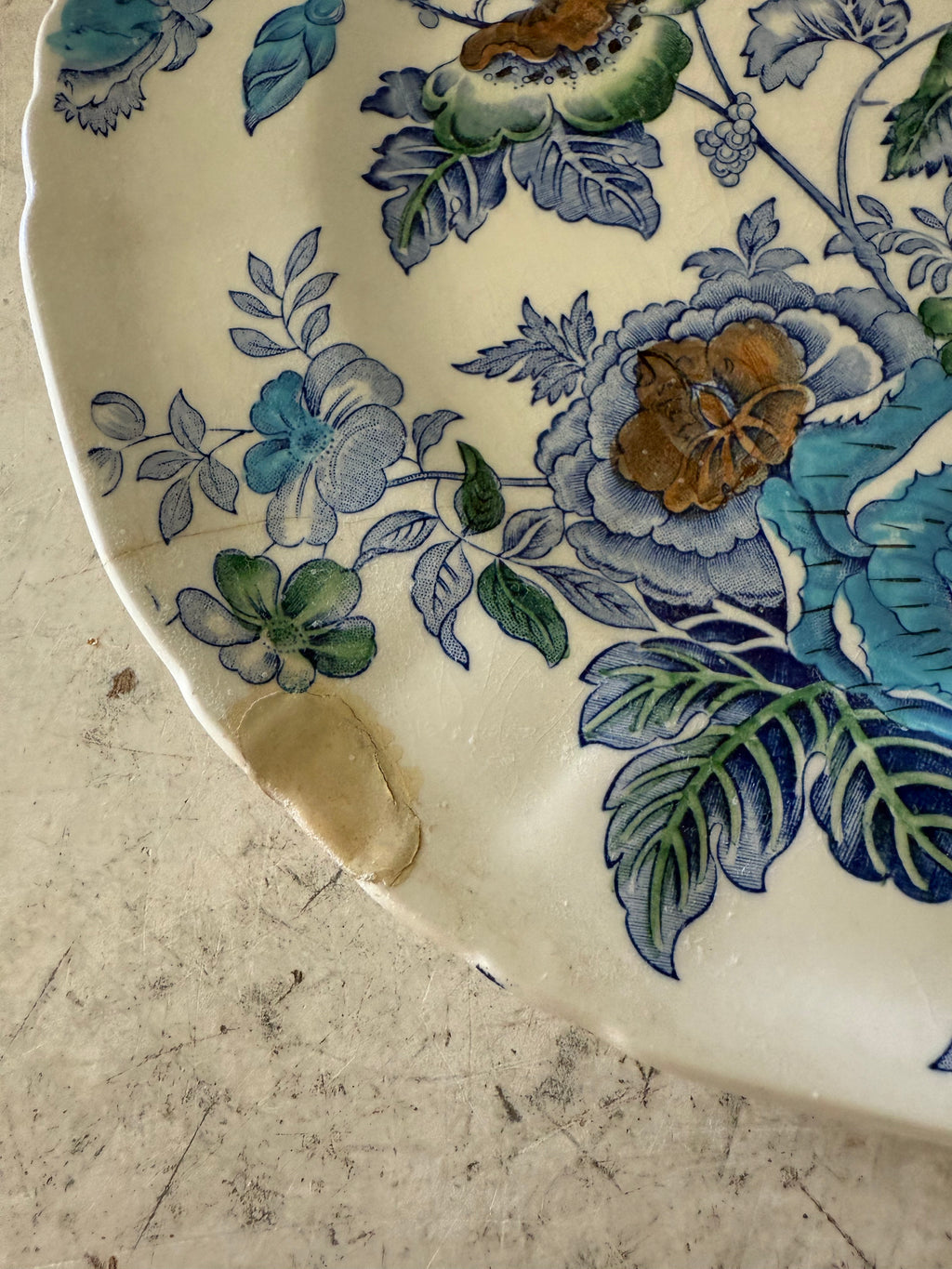 Mason Ironstone Rose Blue Plate - has repair