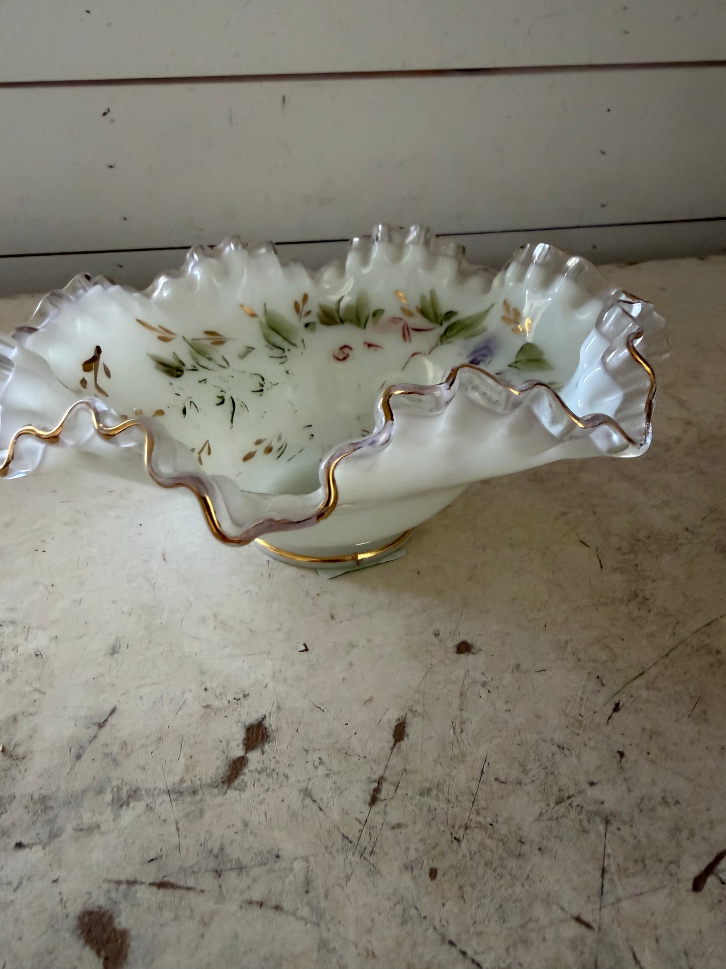 vintage Fenton Glass ruffled bowl featuring a delicate hand-painted floral design with gold trim