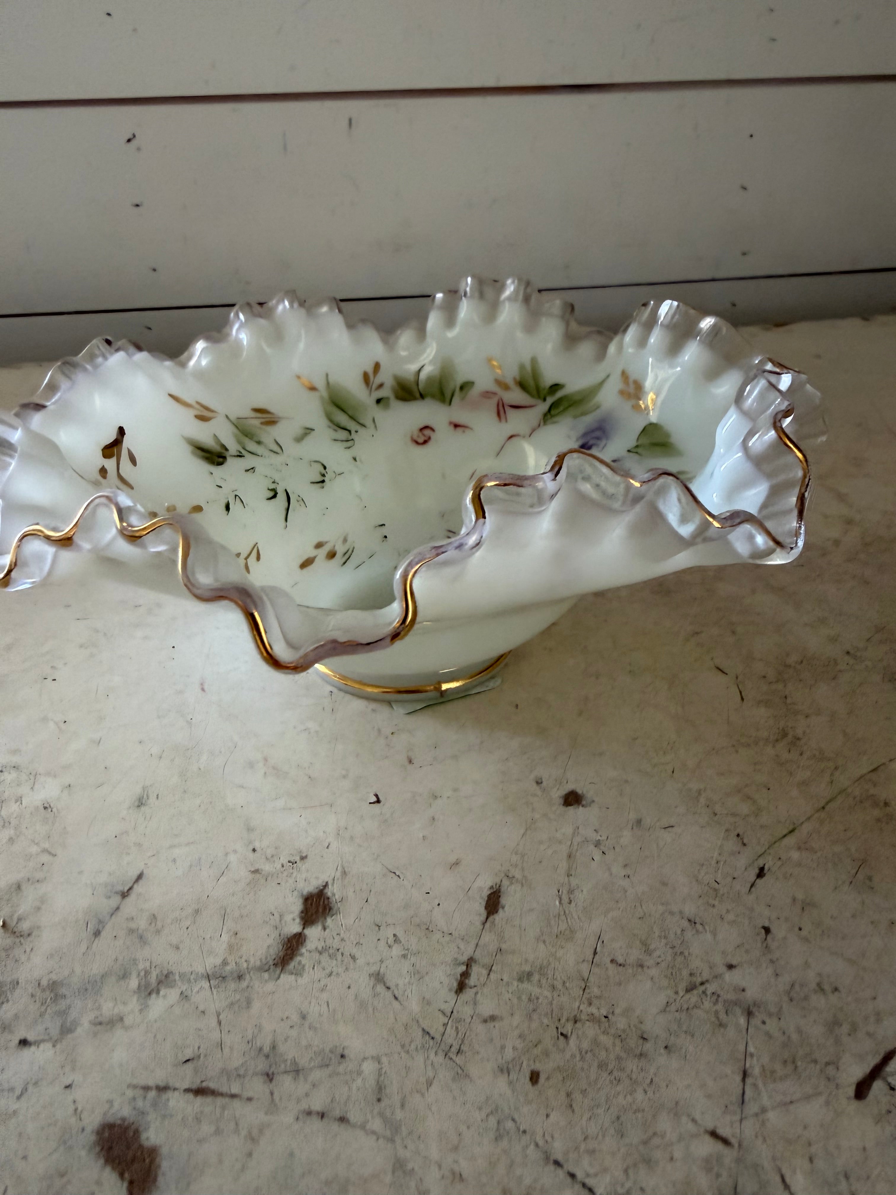 vintage Fenton Glass ruffled bowl featuring a delicate hand-painted floral design with gold trim