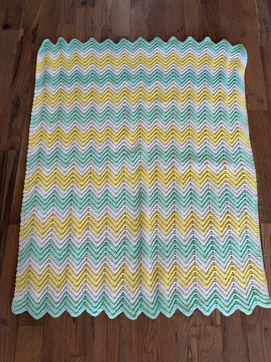 Teal yellow and Cream Chevron Afghan
