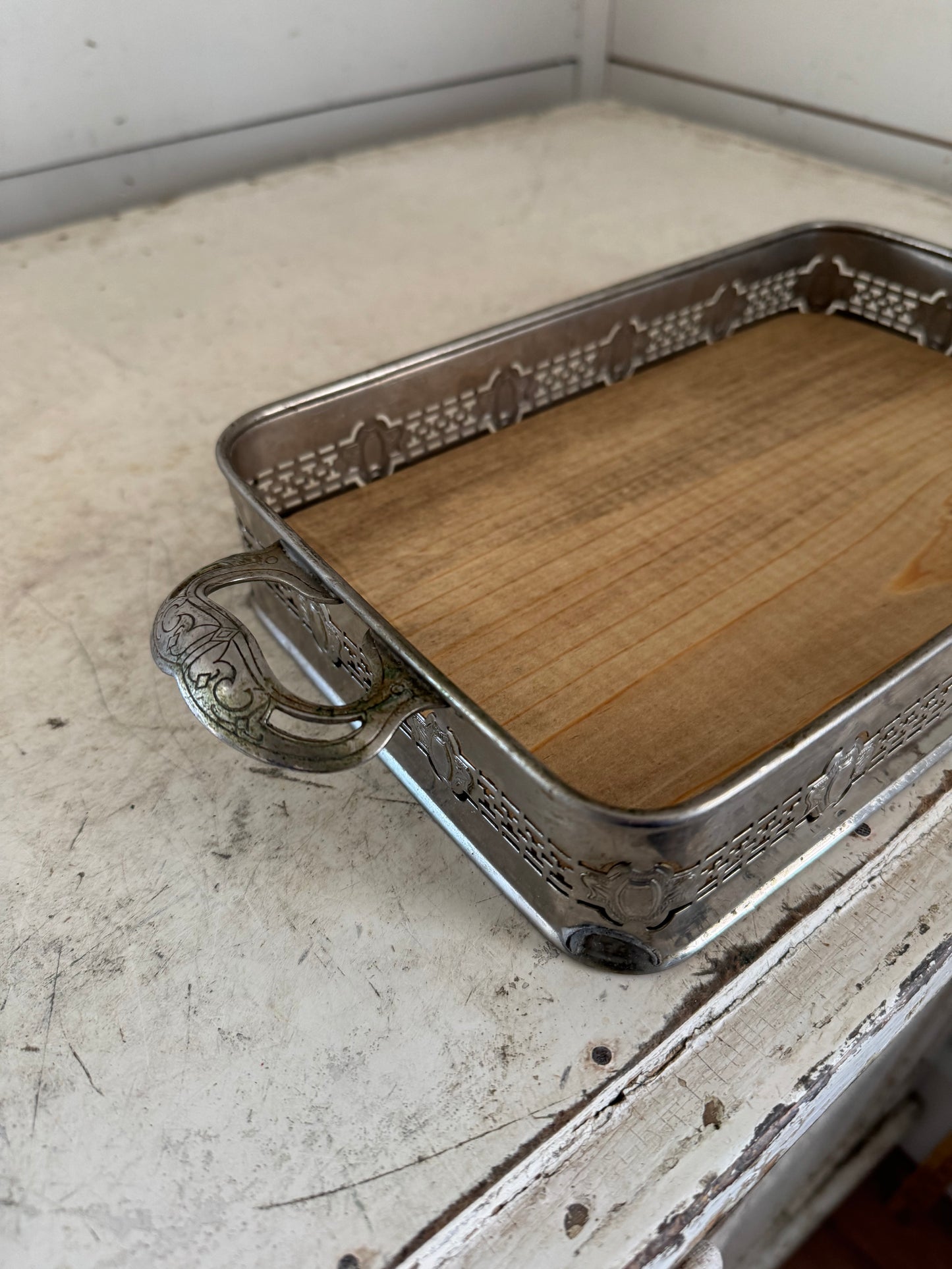 Vintage Tarnished Silver Tray with Wood Bottom