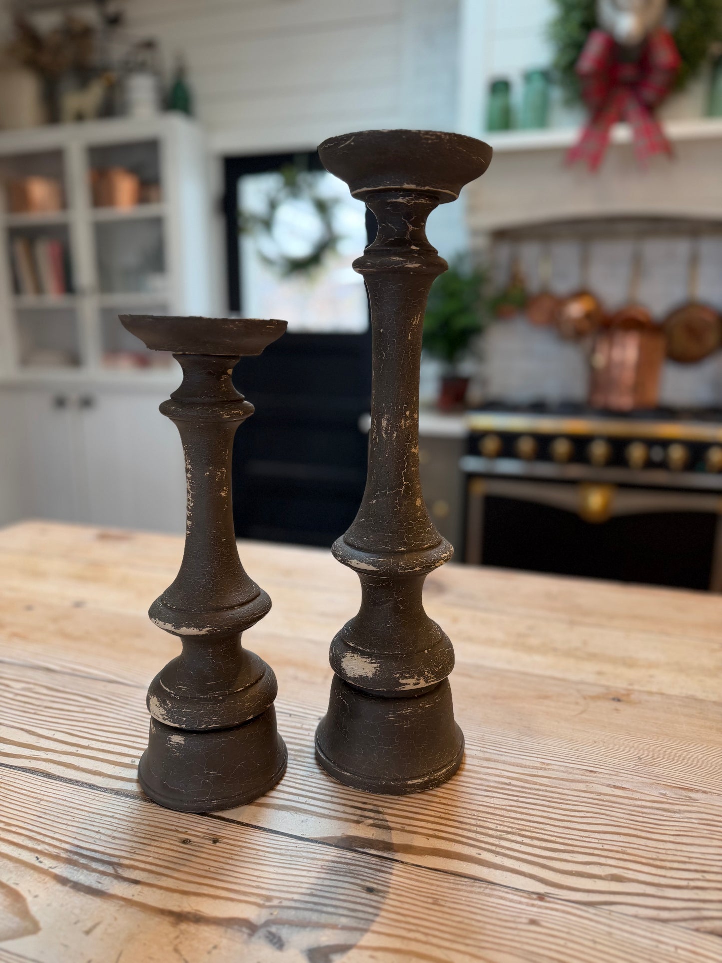 Set of Candlesticks hand painted chippy milk paint 15” and 12.5”