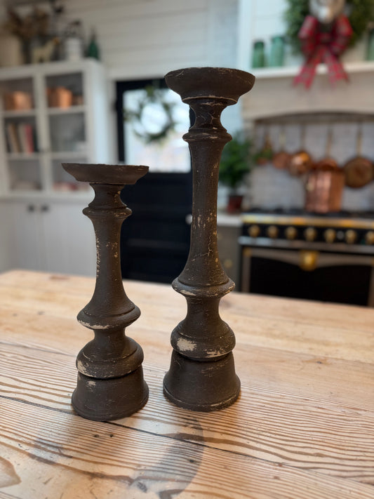 Set of Candlesticks hand painted chippy milk paint 15” and 12.5”