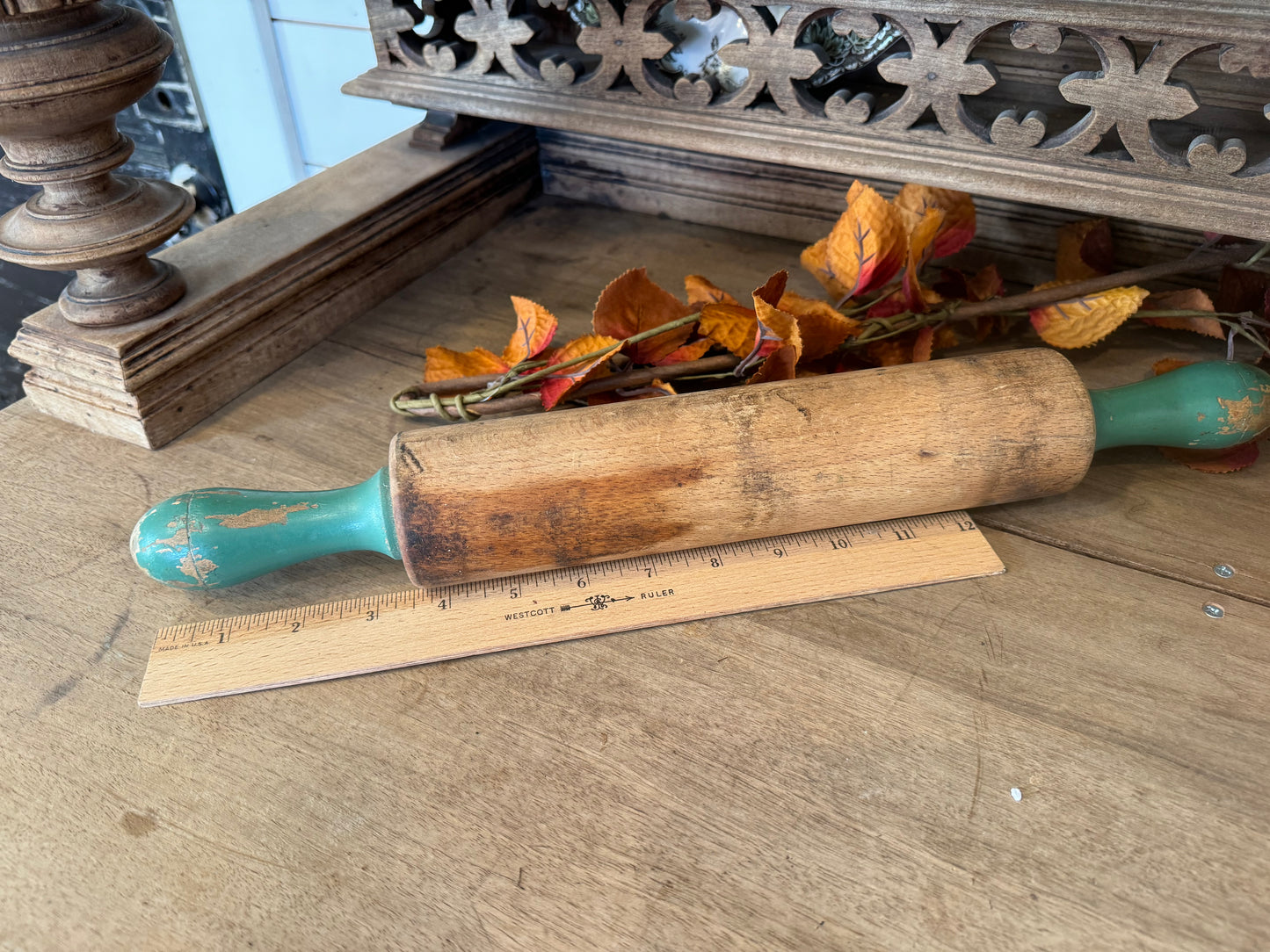 Vintage English Rolling Pin Green Handles