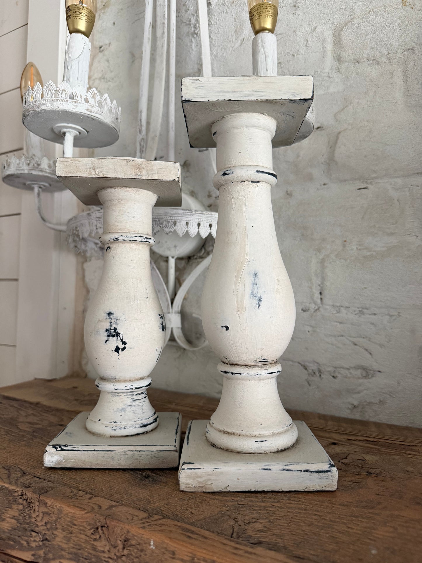 Hand Painted Set of pillar candlesticks 10 and 12”