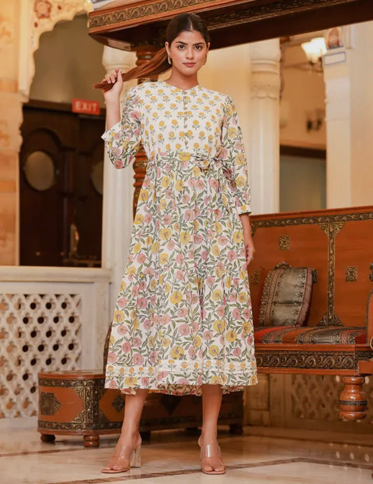 Yellow Handblock Cotton Embroidered Dress