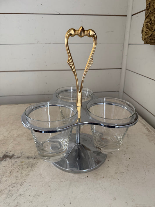 Vintage Kromex Condiment Server Swivel Glass 3 Piece