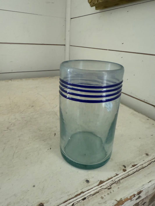 Hand Blown Tumblers Mexico Unique Handmade, Green Glass, Blue Rings & Pontil