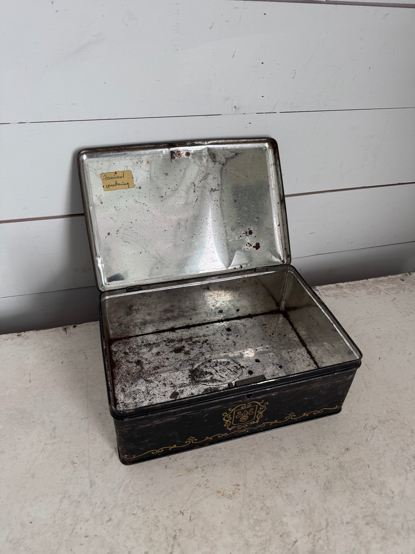 Antique Tin Box With Hinged Lid Black and Gold With Christmas Scene