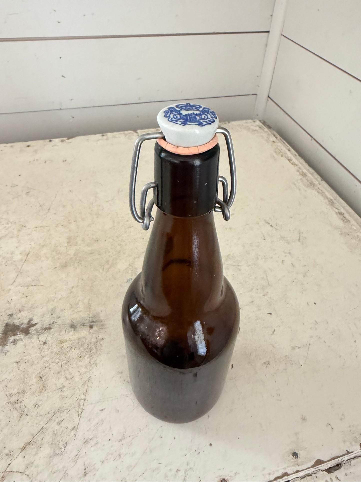 Vintage Beer Bottle Blue Crown Lion Amber Glass Porcelain Ceramic Hinged Lid