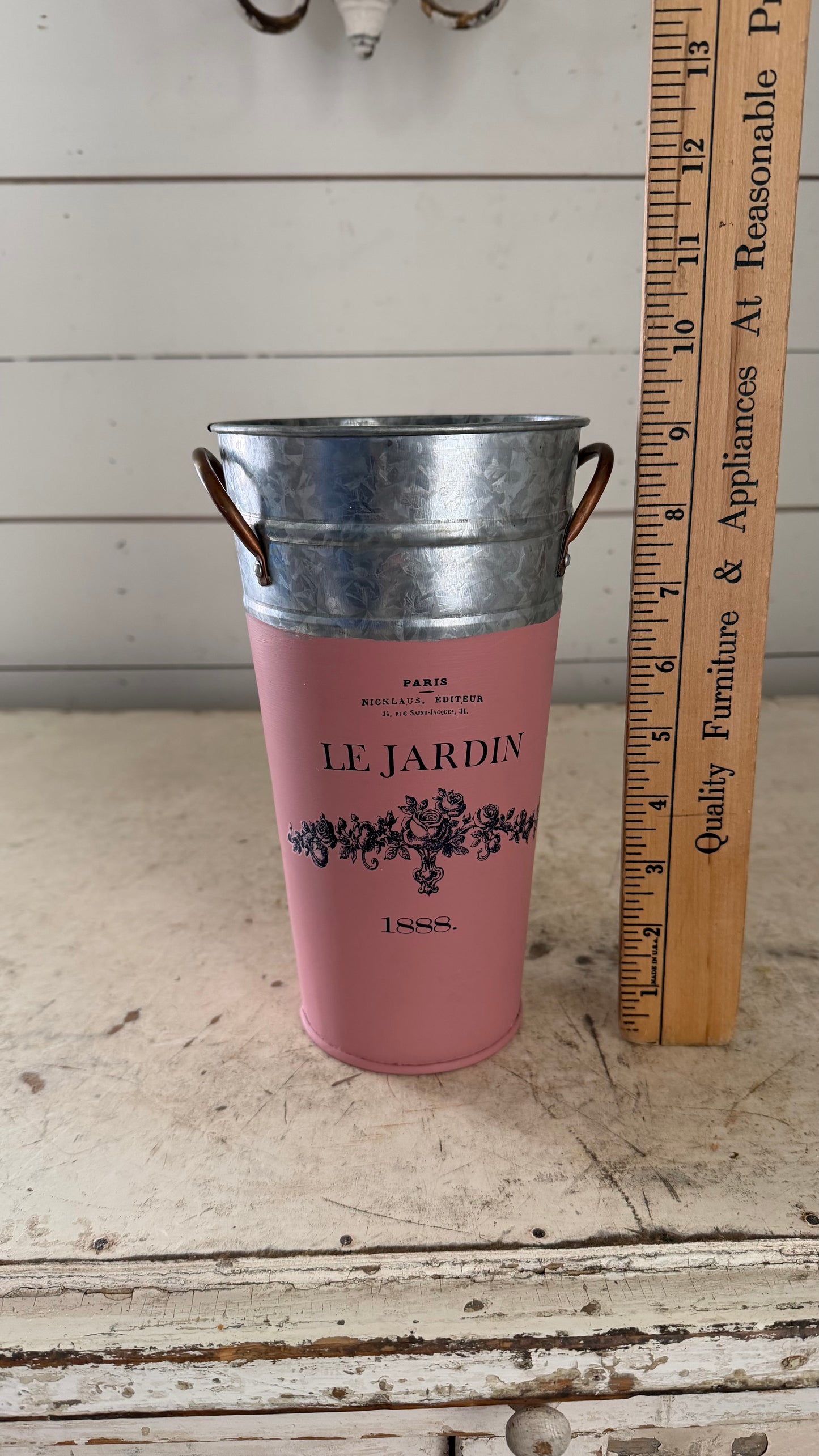 Galvanized Tin Bucket with Copper handles Painted in Veranda With a Transfer (FLORAL NOT INCLUDED)