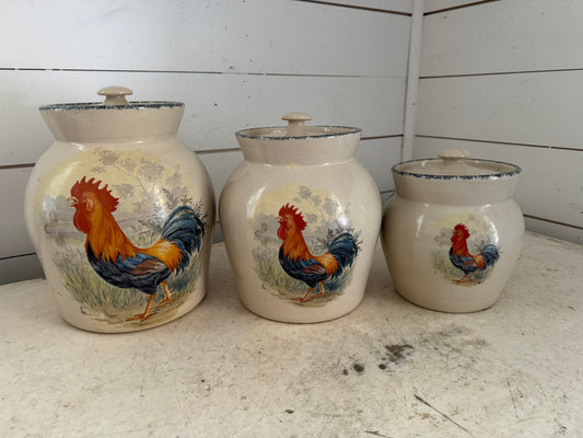 Rooster set of crocks with lids