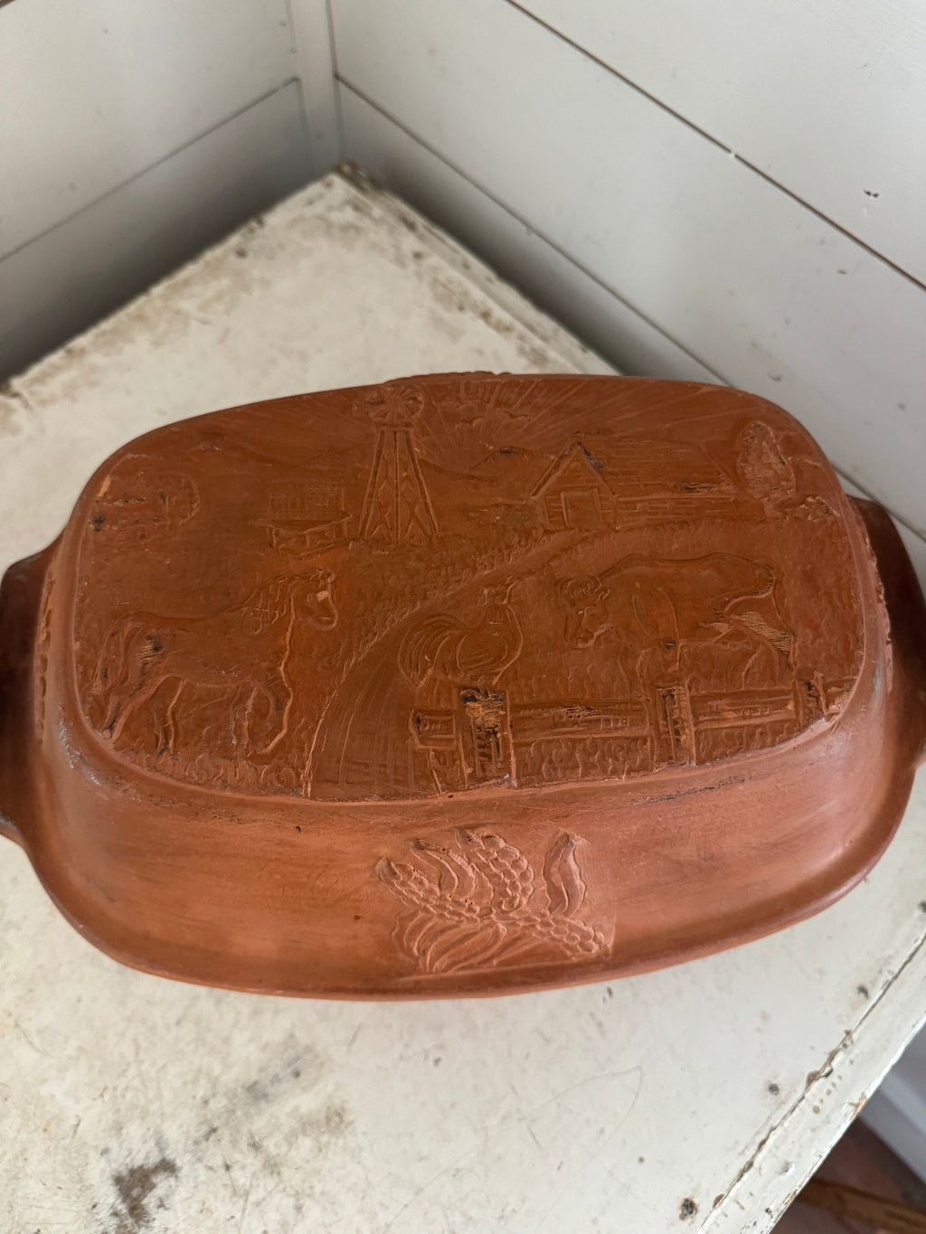 ABC Terra Cotta Covered Casserole Dish Terracotta Dutch Oven Clay Cooking Roaster - has chip as shown