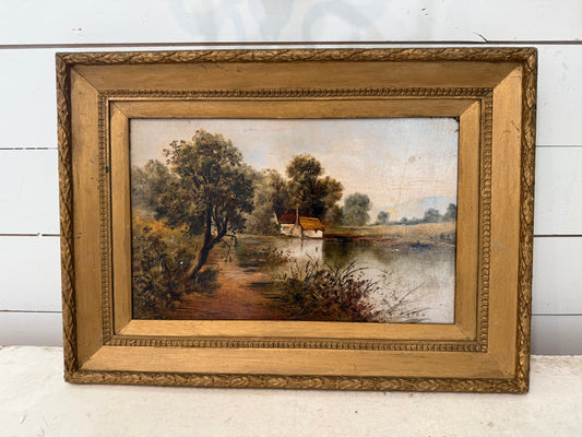 Antique English Gold Framed Oil Painting - Cottage on the Lake