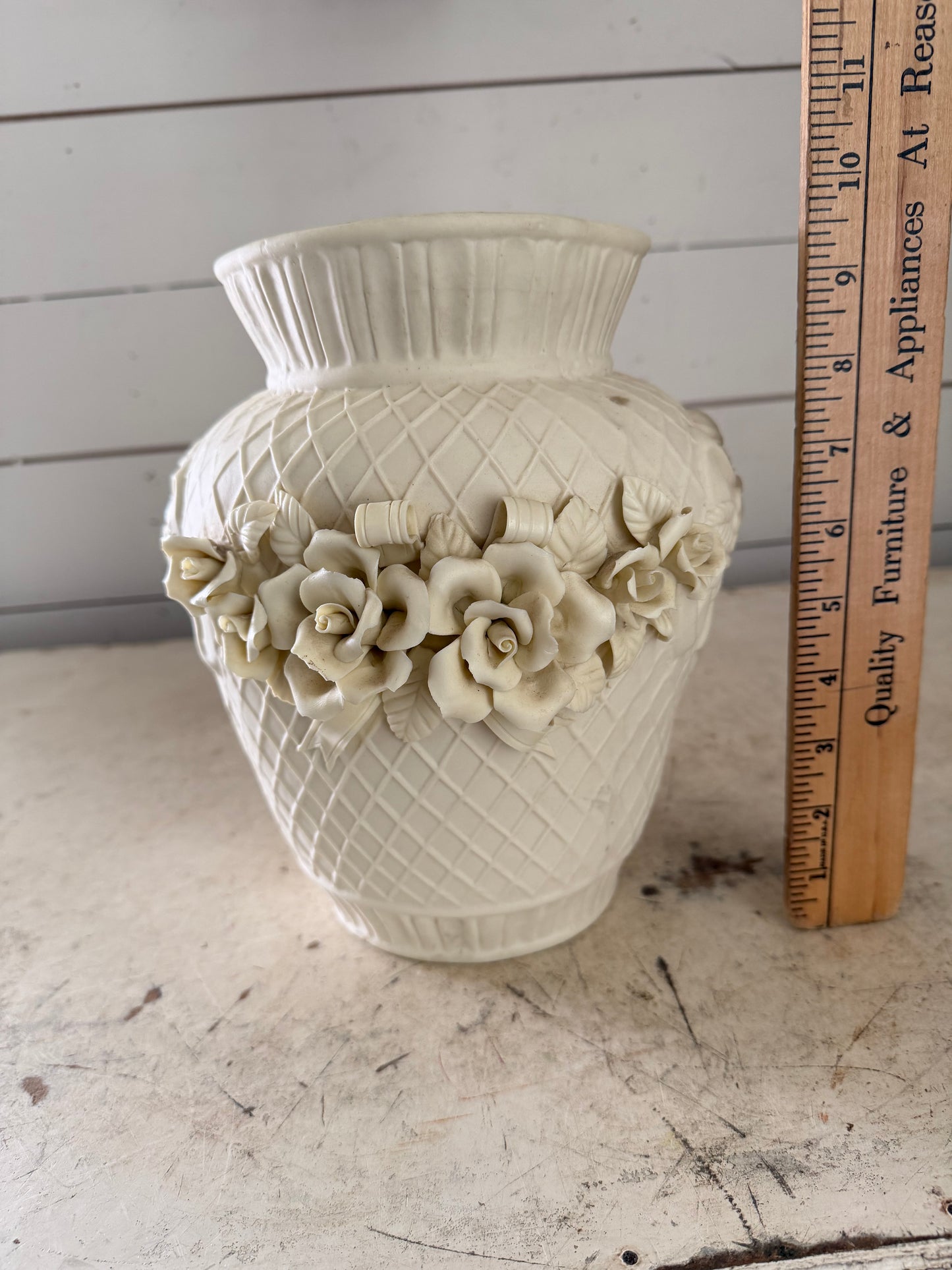 Vintage Ivory Bisque Vase With Floral Detail 9-1/2” tall - Will get makeover