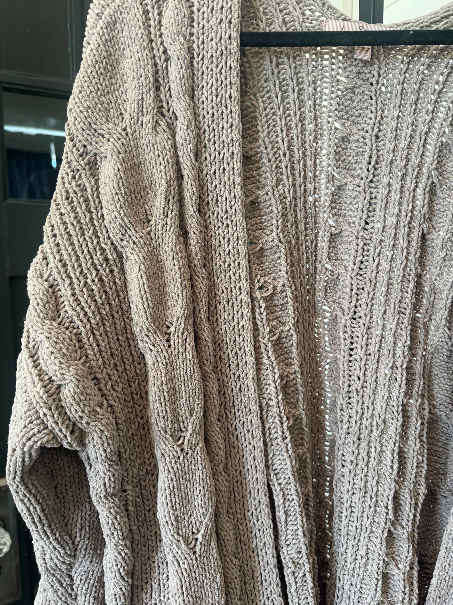 Taupe Oversized Cableknit Cardigan with Pockets -Medium