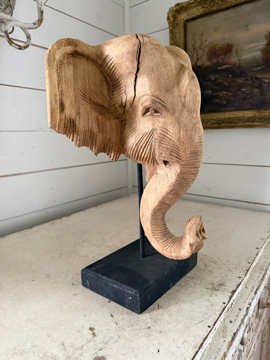 Hand Carved Wooden Elephant - Has Crack and Missing Tusks