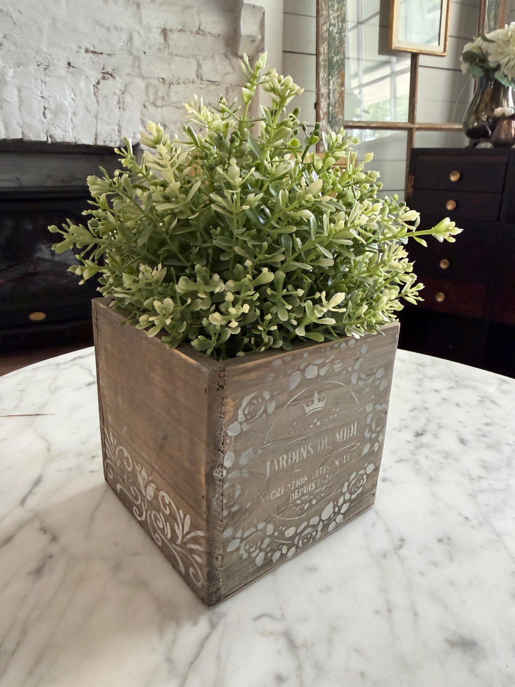 French Hand stencil box greenery not included