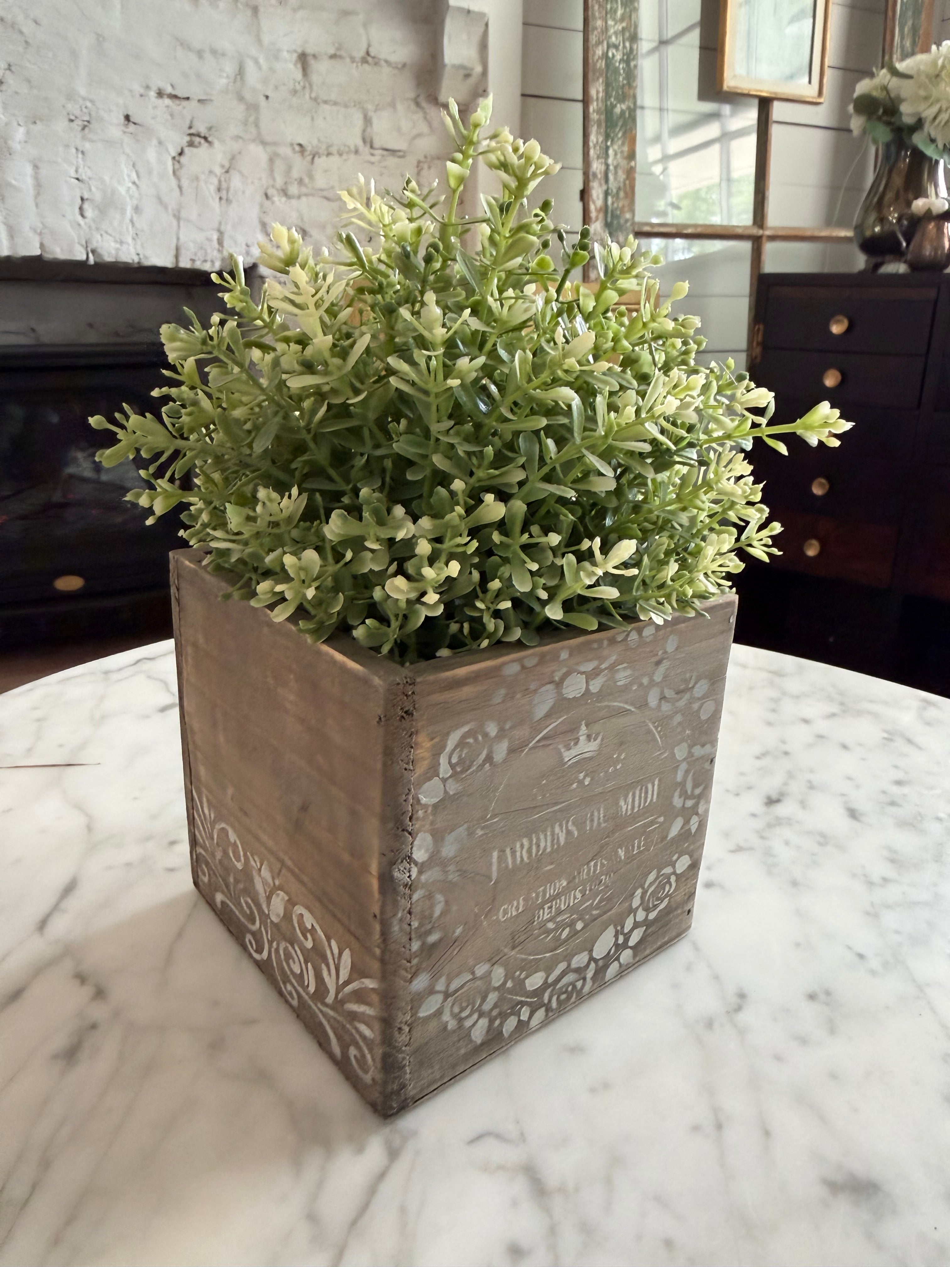French Hand stencil box greenery not included