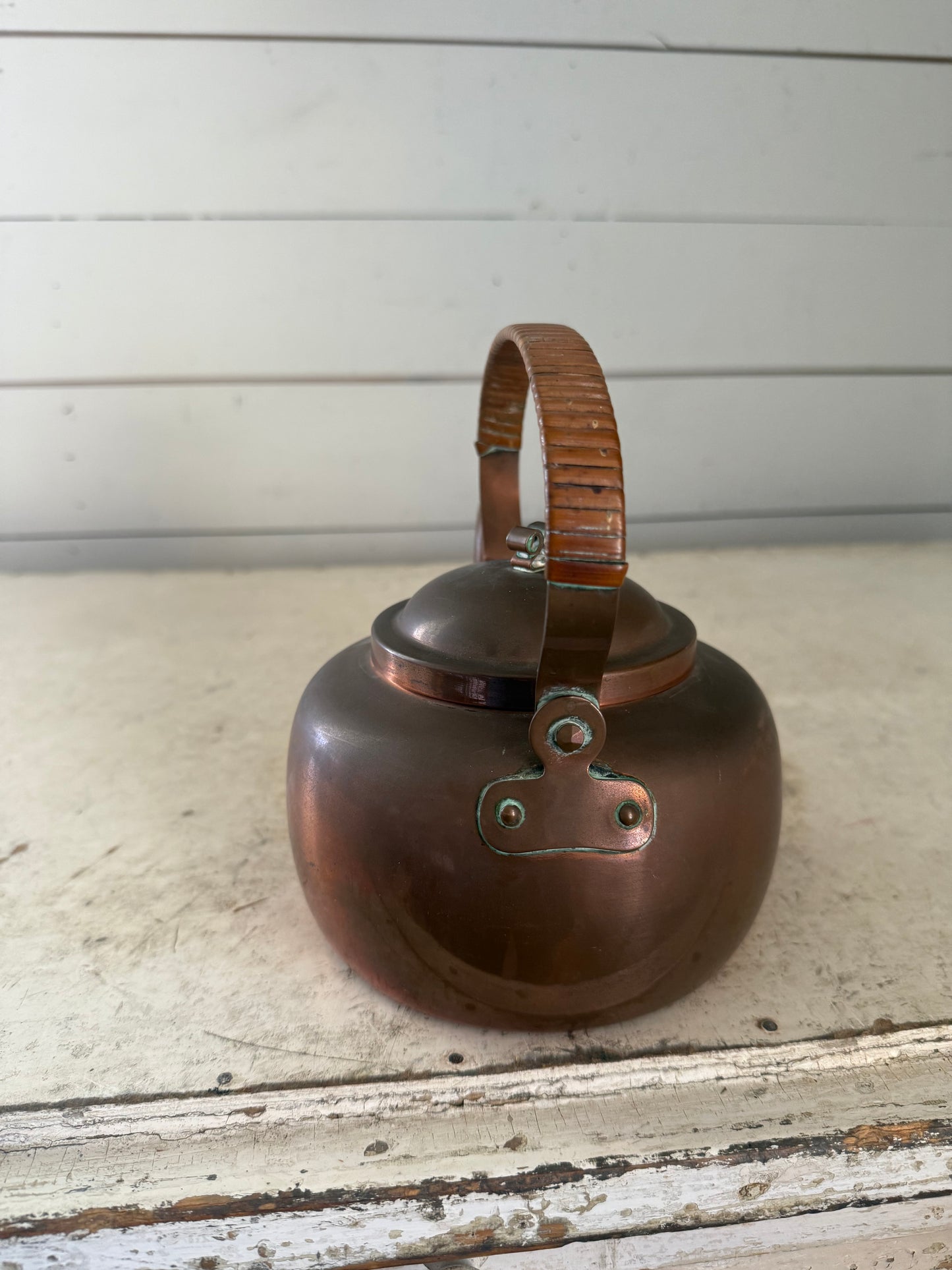 Antique Copper Tea Kettle With Rattan Handle, Made in Norway