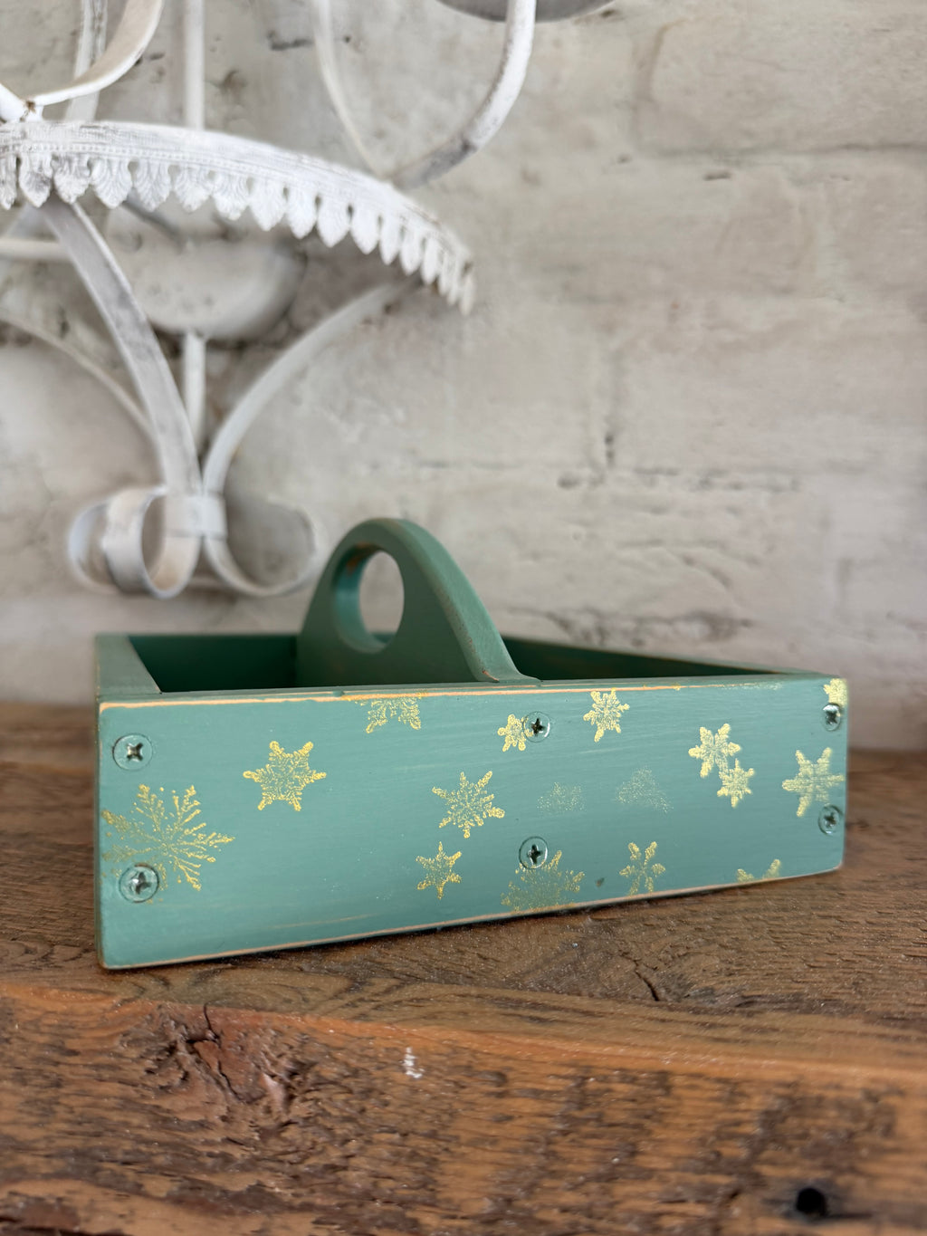 Green Wood Tote with Gold Snowflakes