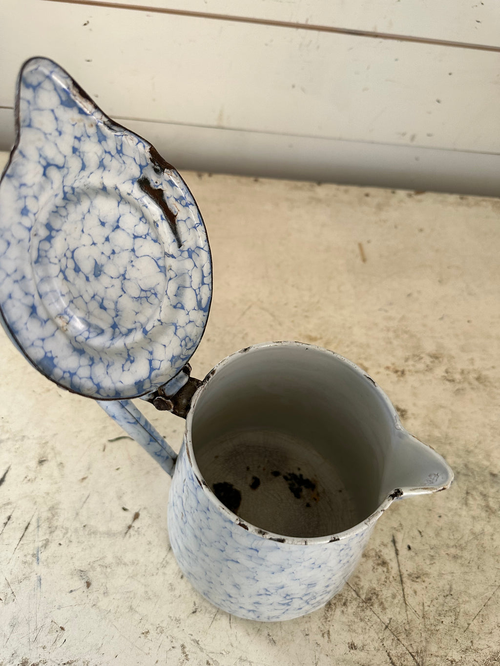 Antique French Blue  and White Enamel Pot with hinged lid