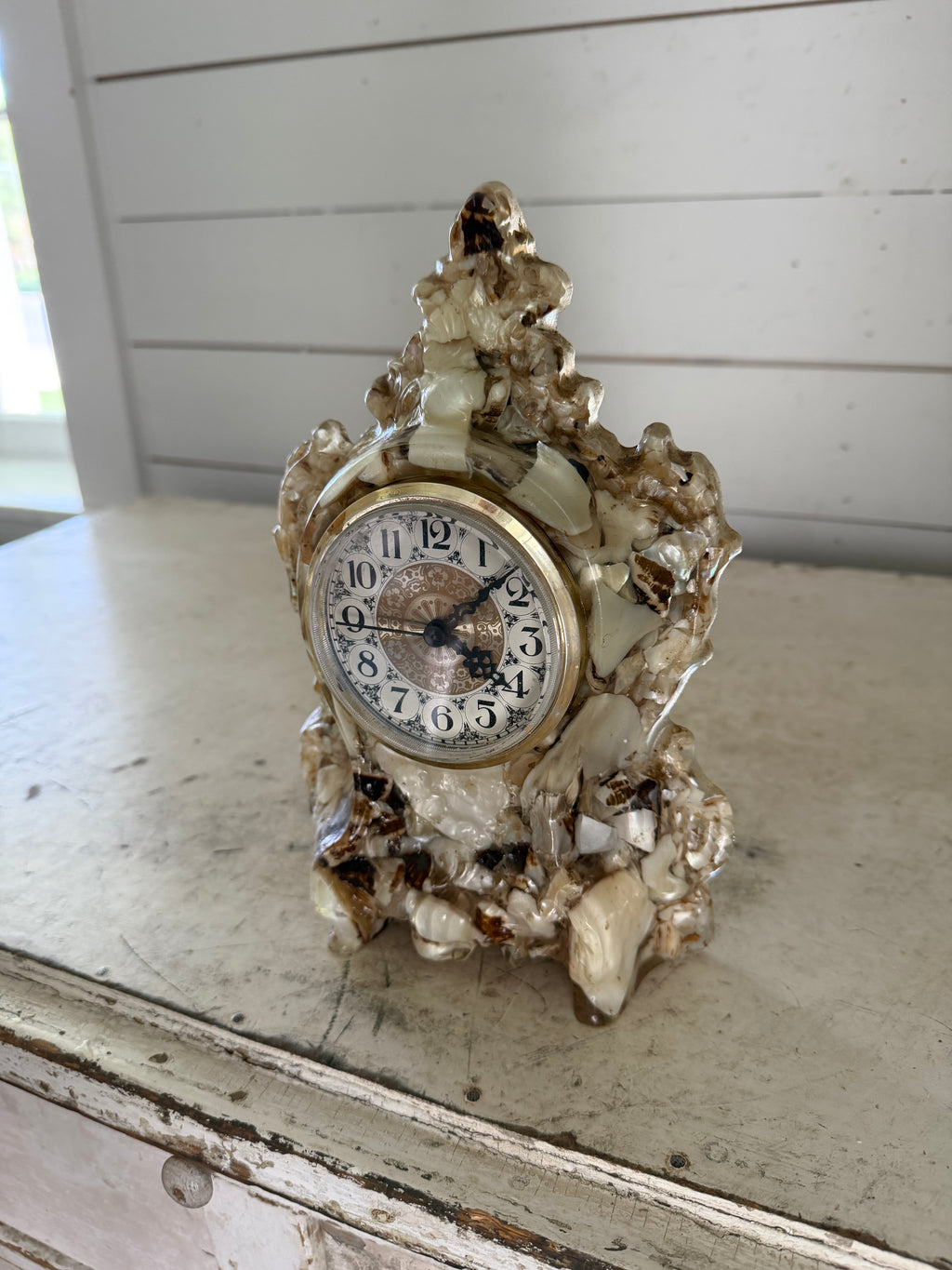Mid Century Modern vintage Lanshire mother-of-pearl resin mantel clock