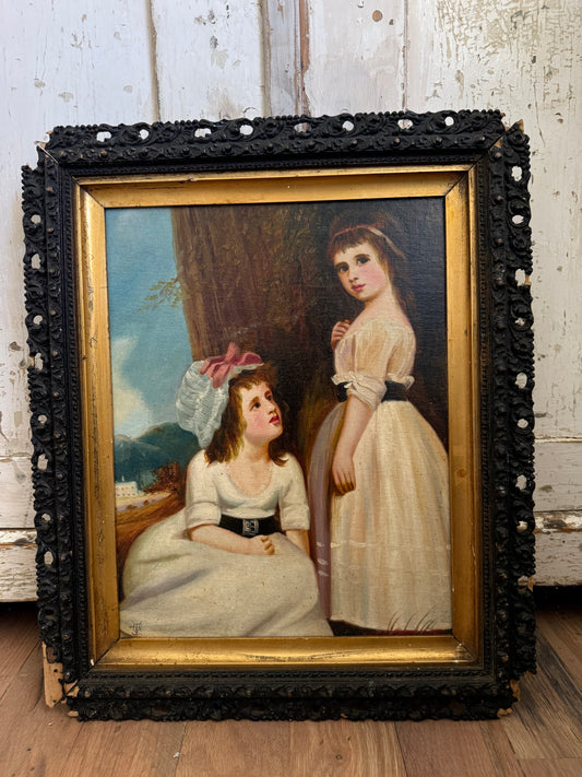 Original oil painting in the style of The Beckford Children by George Romney in Antique Frame