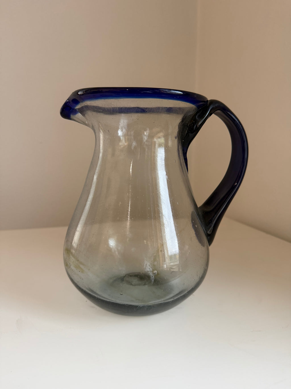 Vintage Mexican Hand Blown Glass Pitcher – Cobalt Blue Rim and Handle 84 oz