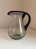 Vintage Mexican Hand Blown Glass Pitcher – Cobalt Blue Rim and Handle 84 oz