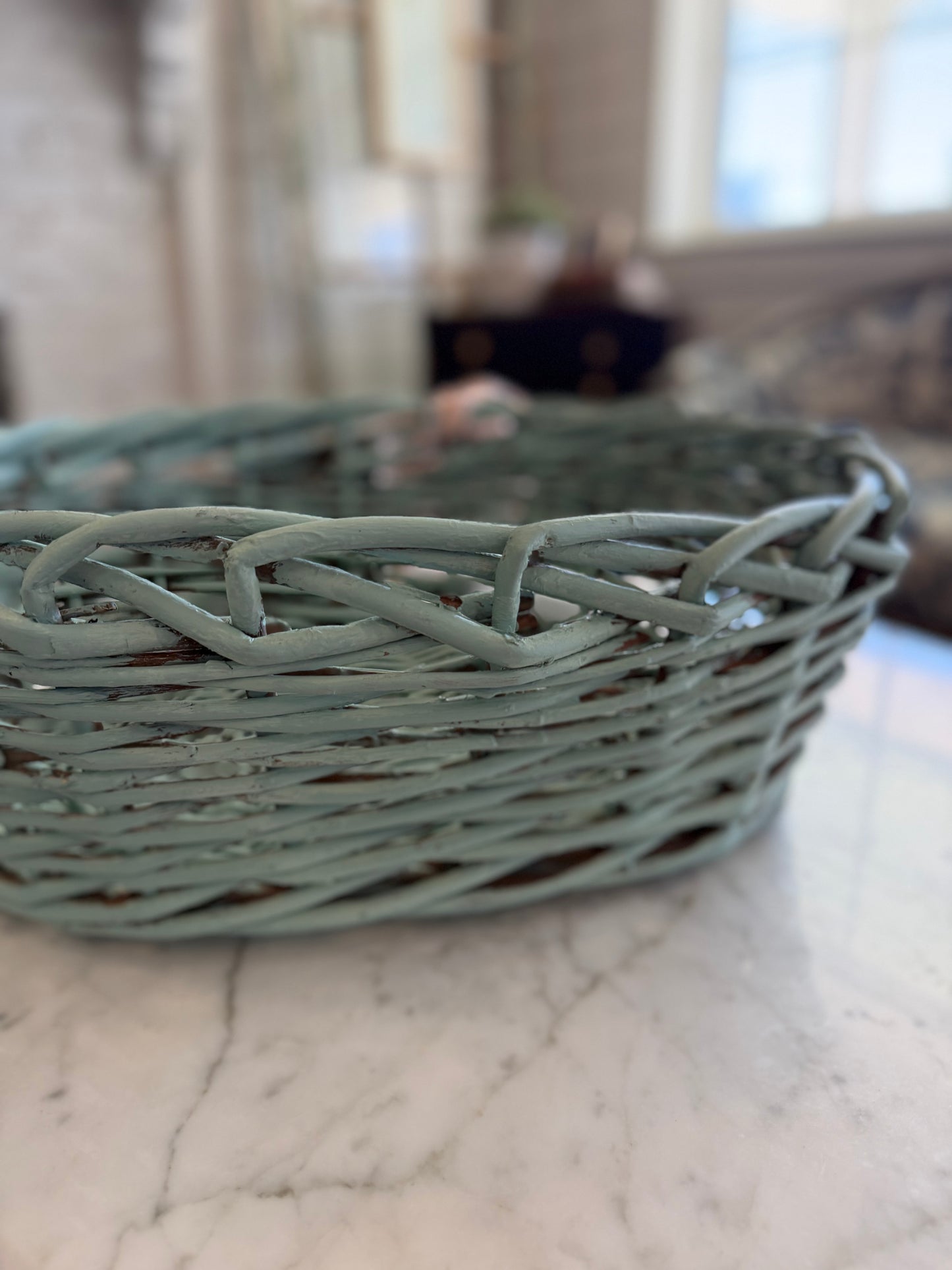 Hand Painted Basket with floral frame and ribbon