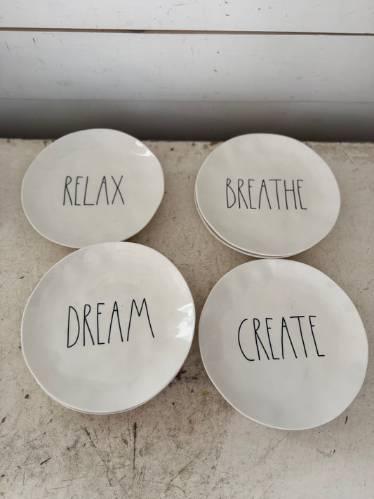 Rae Dunn 8” Melamine Plate - 1 Relax, 2 Dream, 2 Breath, 1 Create -  set of 6