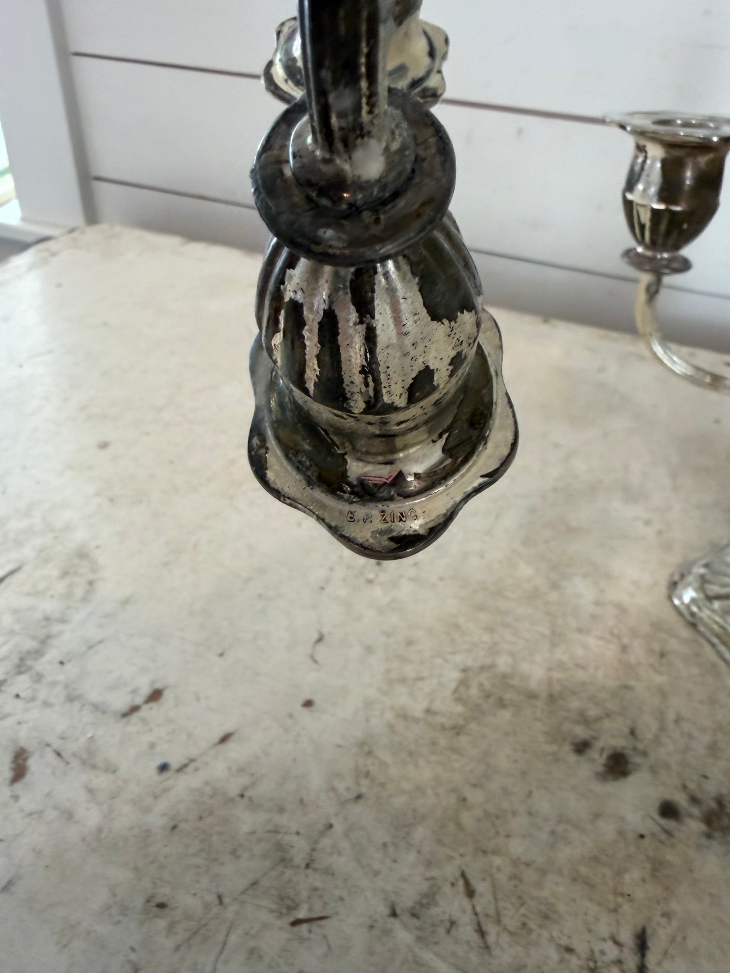 Vintage English Silver Plate on zinc Pair Of 3 Holder Candelabras - as is