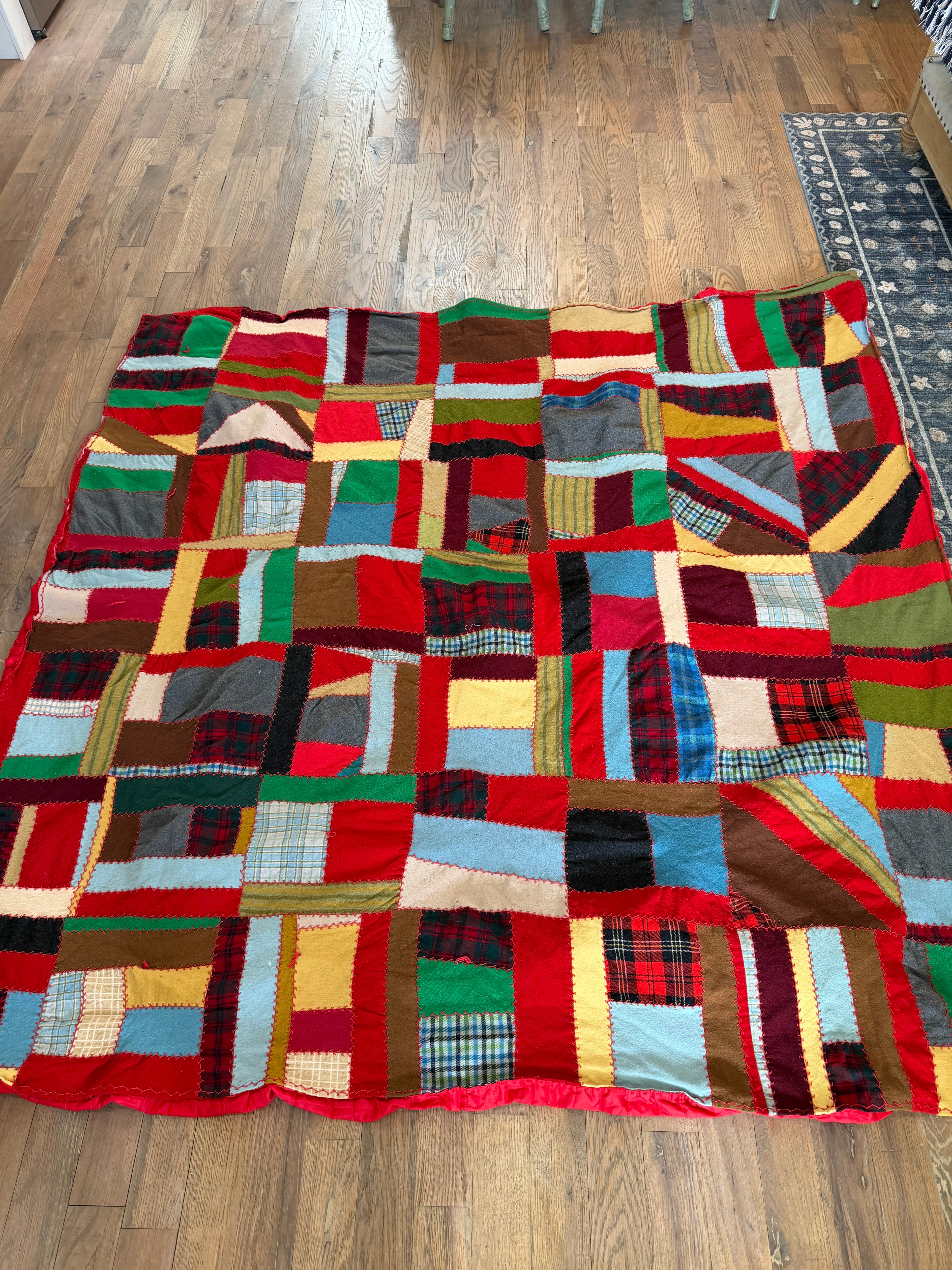 Vintage Hand Sewn Crazy Patchwork With Silken Red Backer as is some imperfections as shown