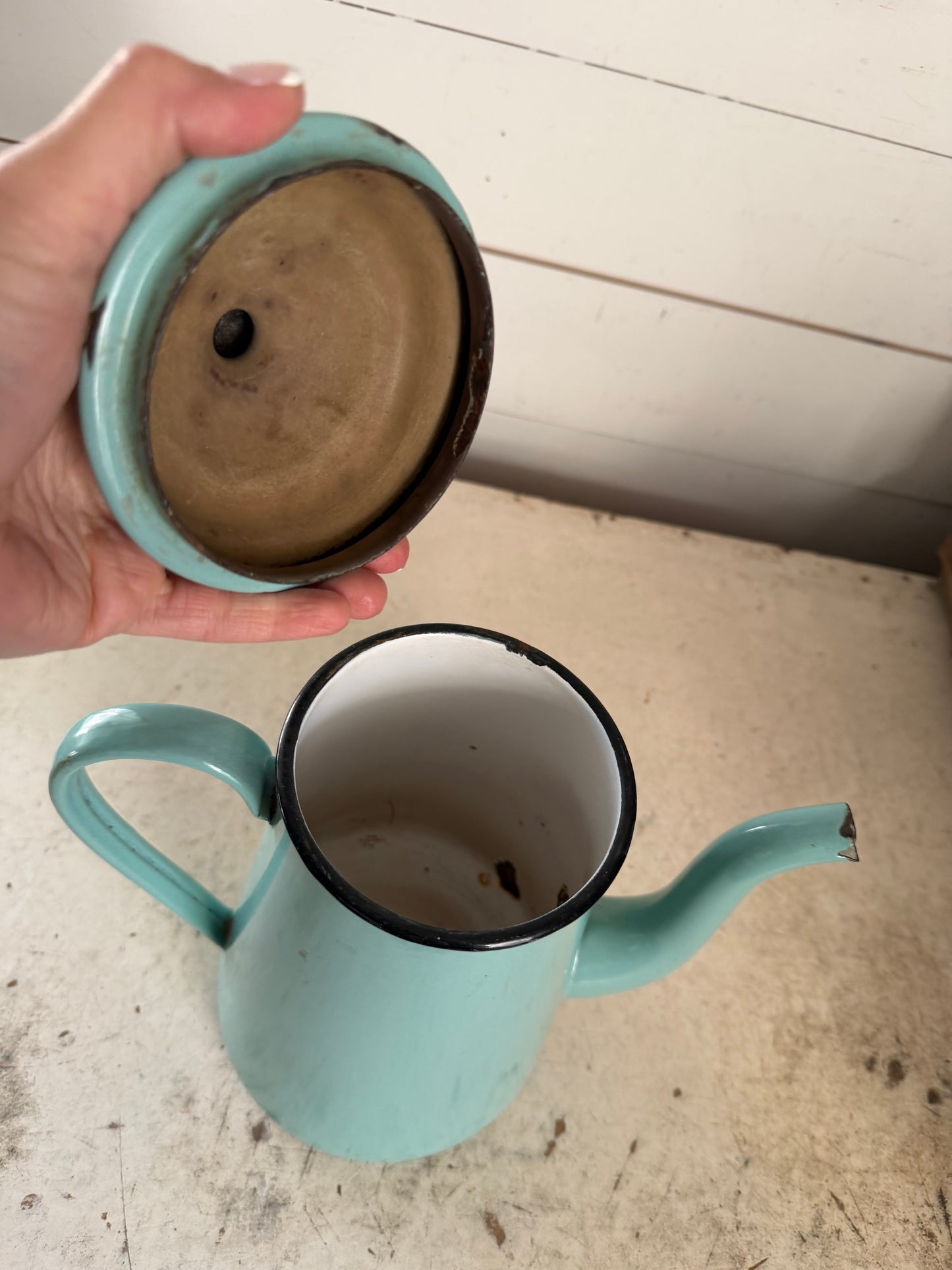 Antique French Enamel Coffee Pot Teal