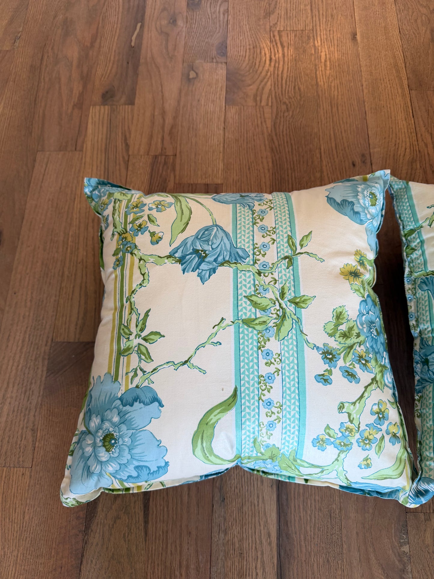 Glowing green floral throw pillows with inserts set of 2 - vintage fabric homemade