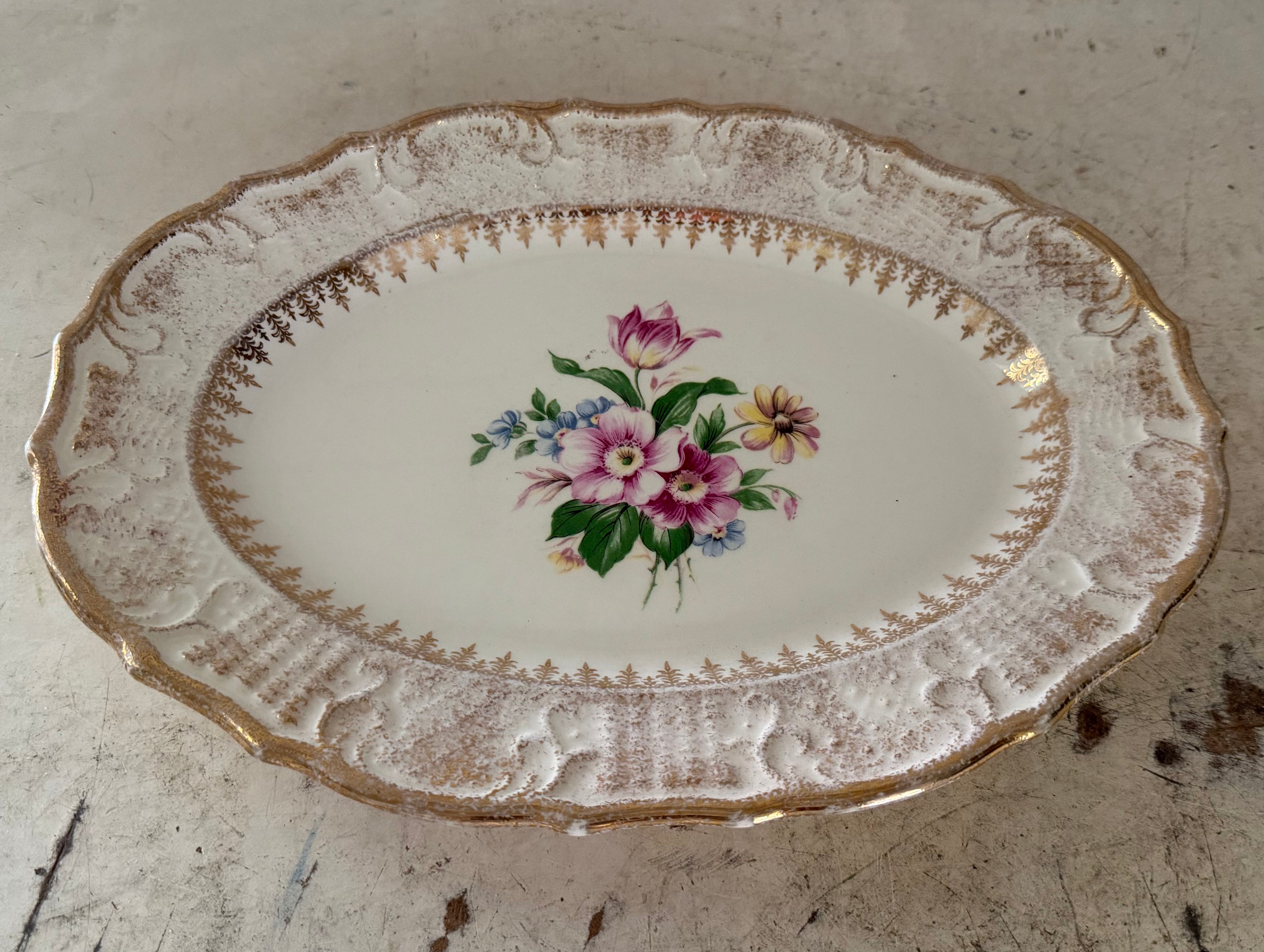 Vintage floral platter with gold trim