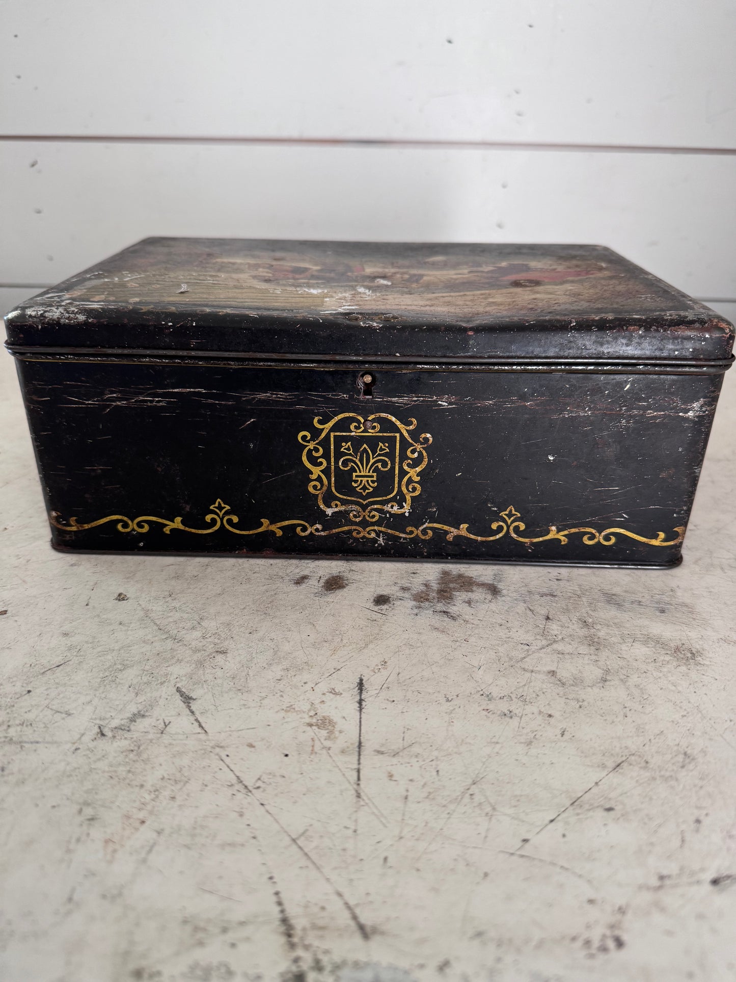 Antique Tin Box With Hinged Lid Black and Gold With Christmas Scene