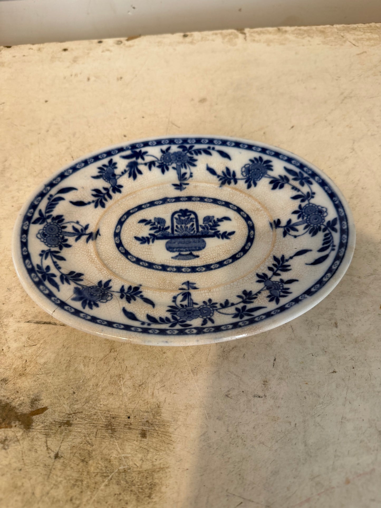 1800’s English Minton Flow Blue and White Porcelain Platter Small 8”