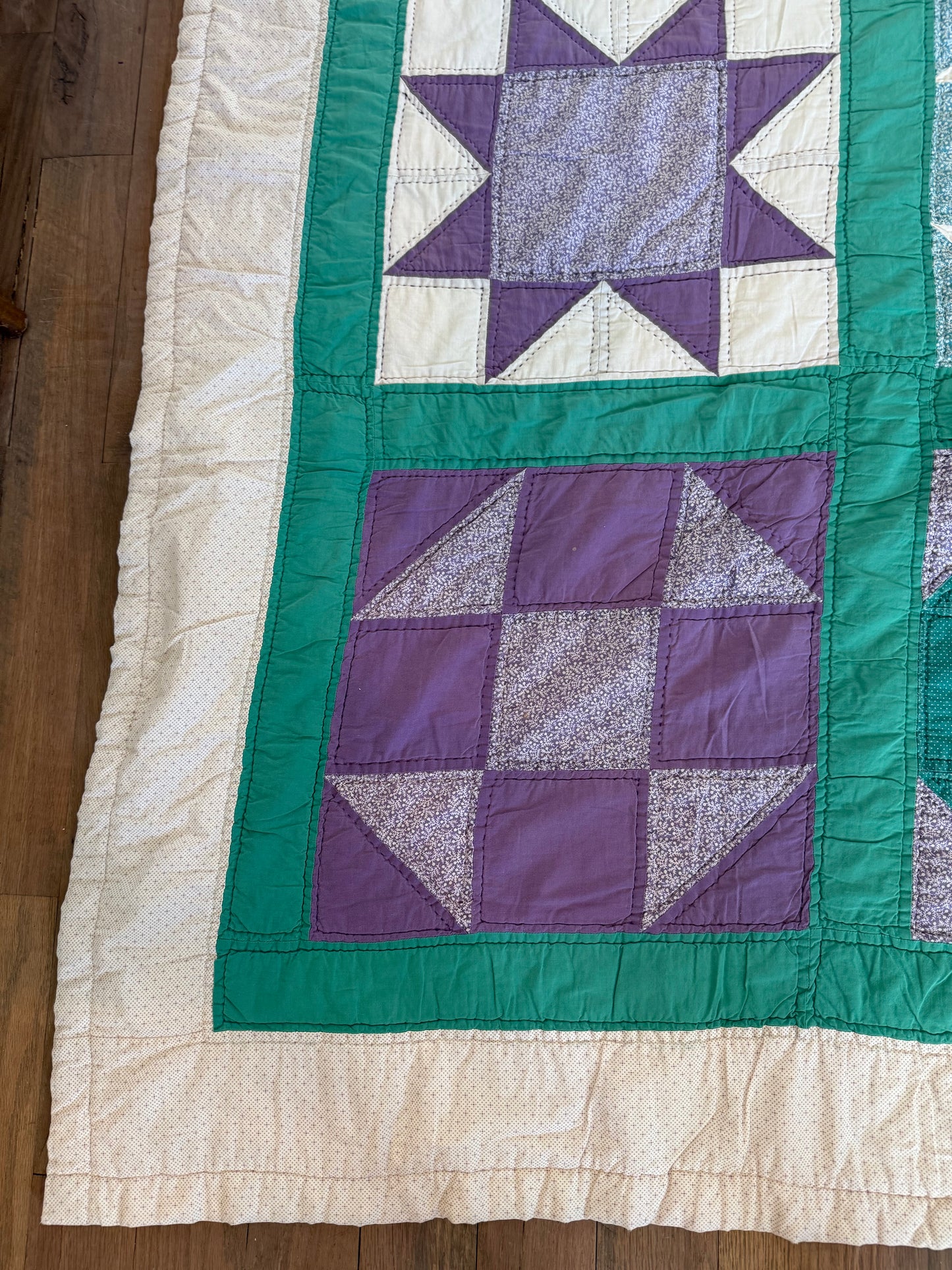 Vintage Purple and Green Hand Pieced Queen Quilt - as is has imperfections