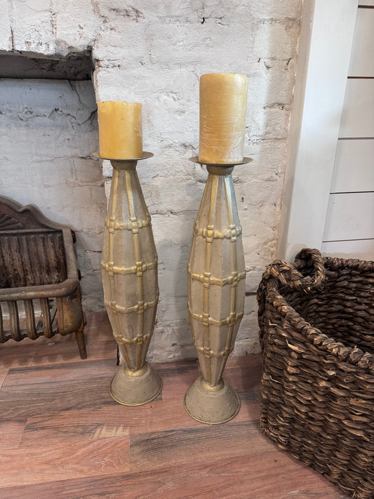 Set of 2 Tall Pressed Tin Candlesticks With Gold Wax - CANDLES NOT INCLUDED