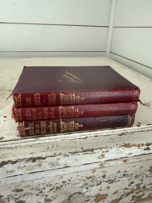 Set of Antique Red 3 books Louise de la Vallière" by Alexandre Dumas and "The Heroes" by Charles Kingsley and the poetical works