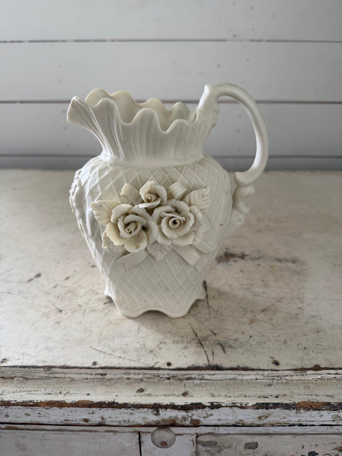 Vintage Ivory Bisque Pitcher With Floral Detail 7-1/2” tall - Will get makeover