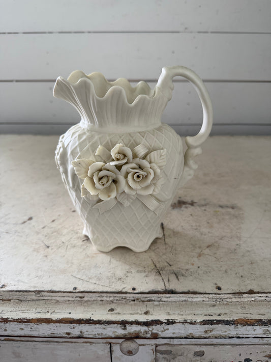 Vintage Ivory Bisque Pitcher With Floral Detail 7-1/2” tall - Will get makeover