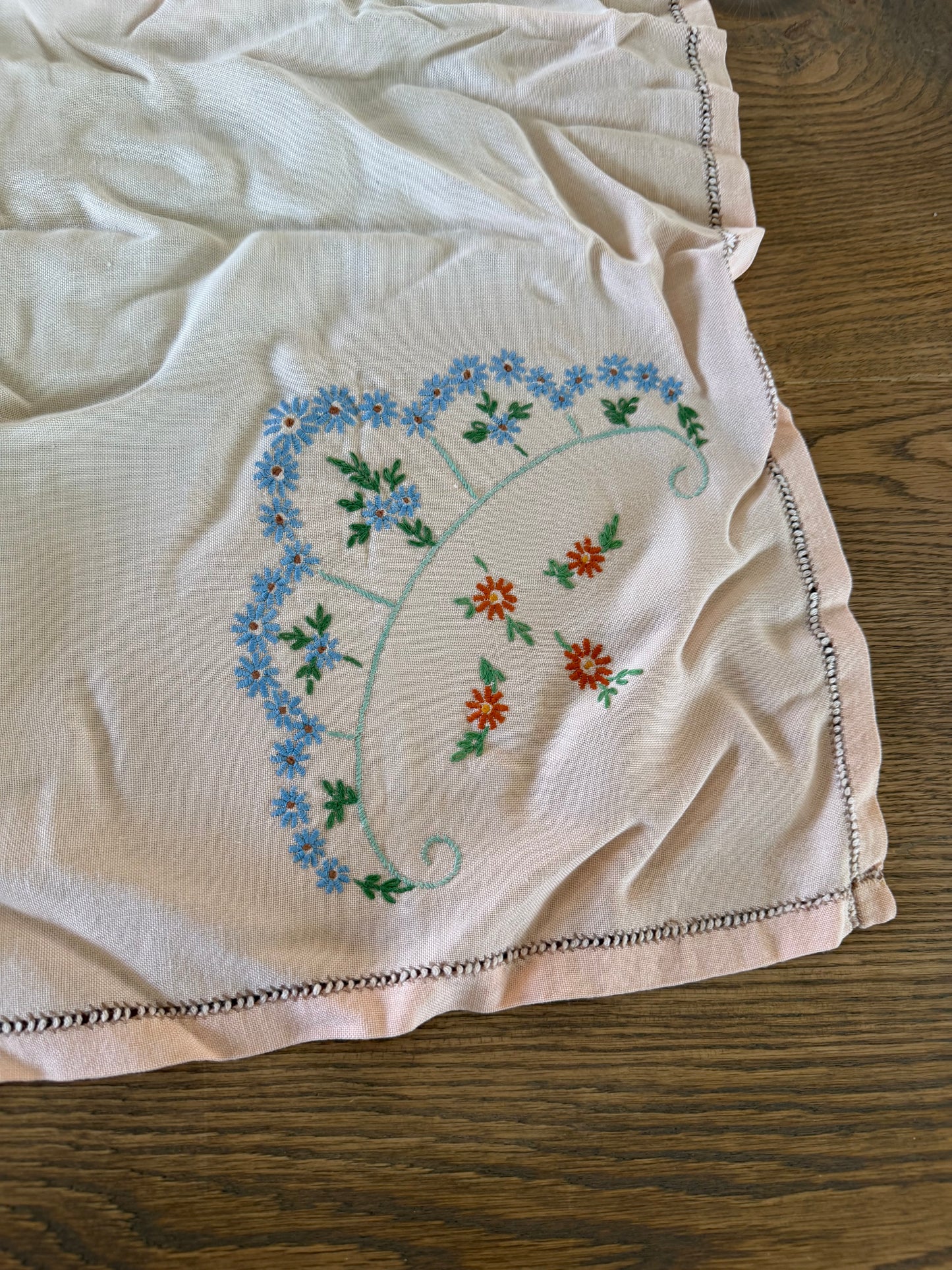 Peach vintage hand-embroidered cotton table topper