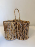 Natural water hyacinth woven utensil and cutlery caddy with a center loop handle